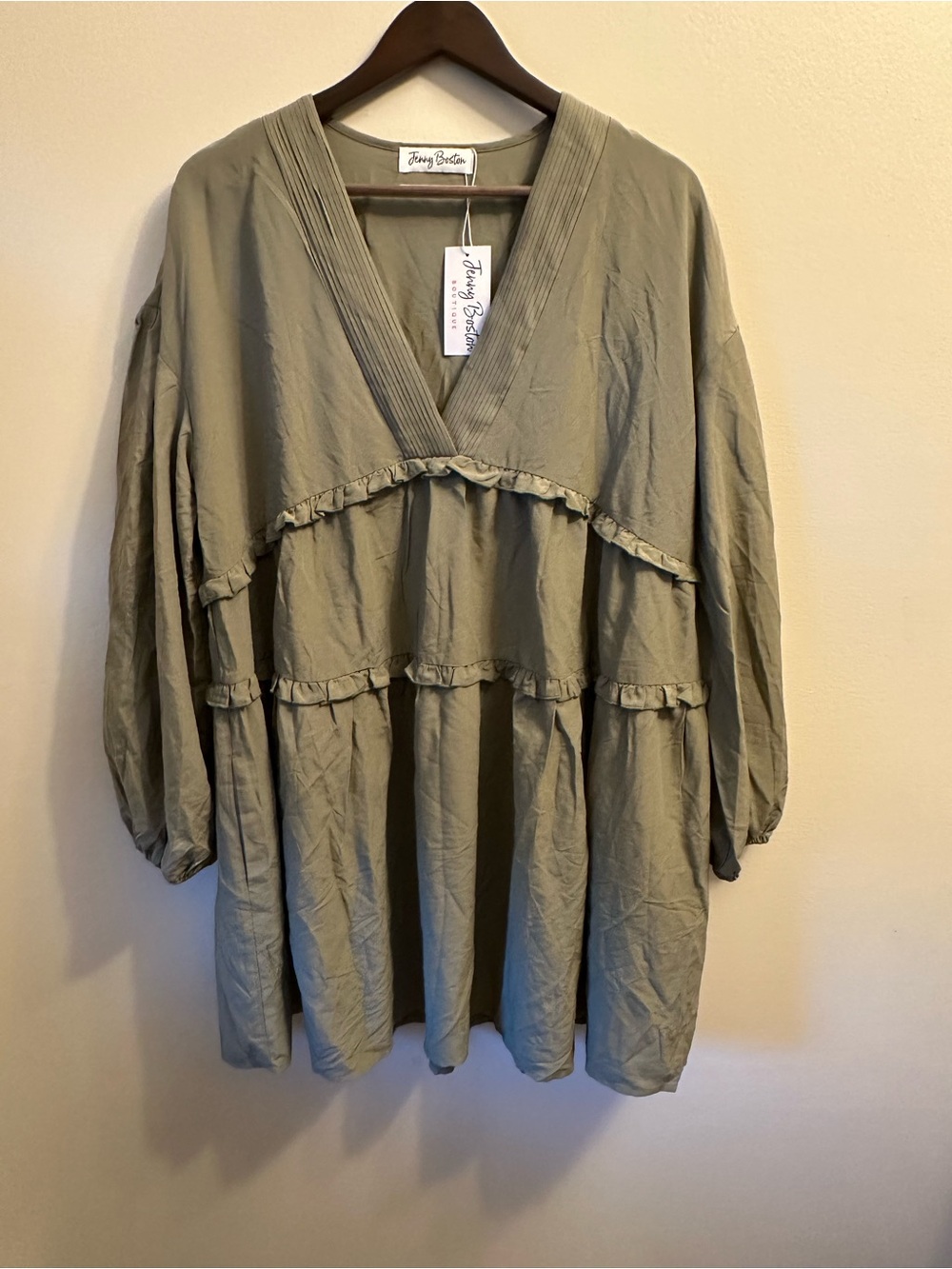 #338 Jenny Boston Olive Ruffle Tiered V-Neck Swim Coverup